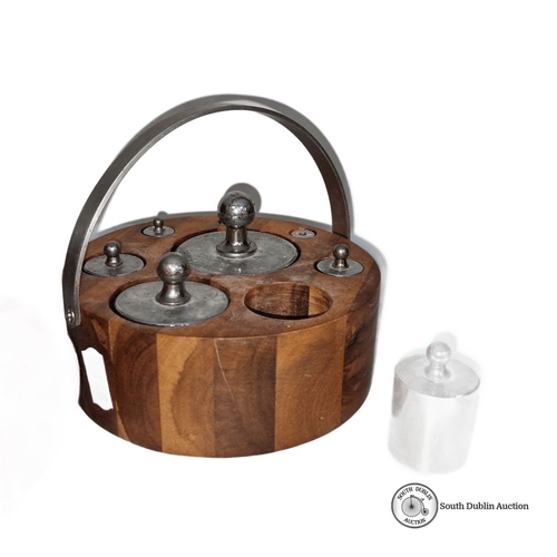 402 - An imperial kitchen metal weight set with turned wooden stand. Includes weights from 1/4 oz to 2lb.