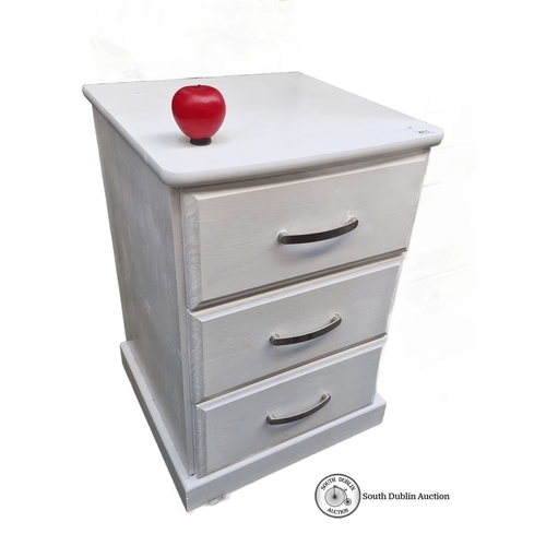 411 - White wooden bedside set of drawers, featuring brushed metal handles. Dimensions: 47 cm W x 70 cm H ... 