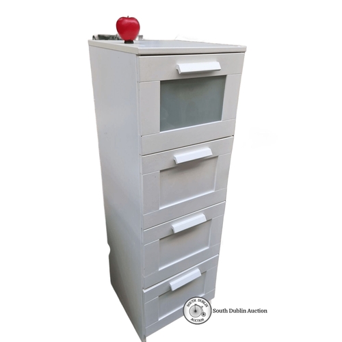 412 - White modern four-drawer cabinet / tall boy with frosted glass panel. Dimensions: 124 cm (height) x ... 