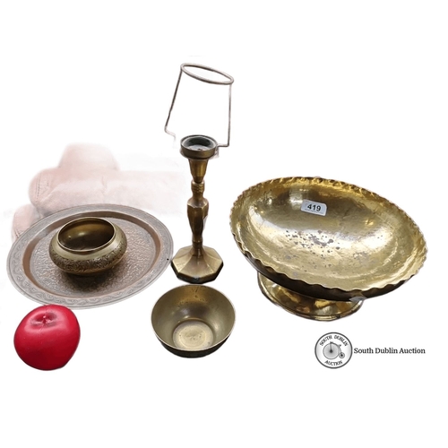 419 - Collection of Indian brassware includes candle holder, footed bowl, small bowl, round tray, and dish... 