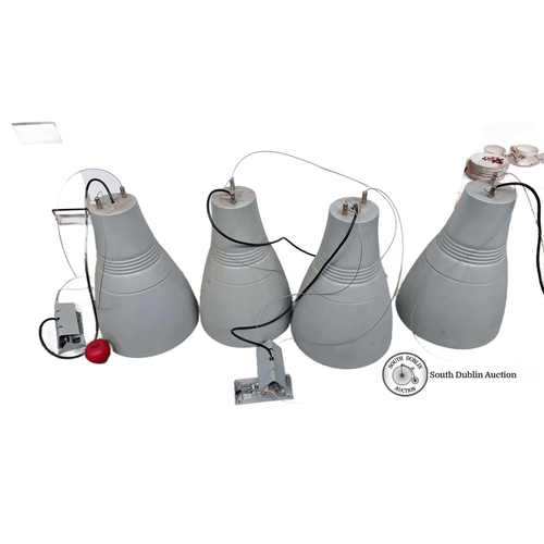 424 - Star Lot : Set of four large industrial grey metal pendant lights by Philips, model RGA 300/400. Dim... 