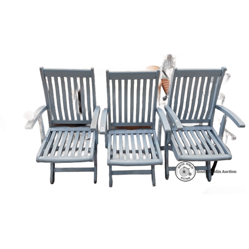 426 - Set of three blue painted wooden folding garden chairs, featuring slatted design with armrests.