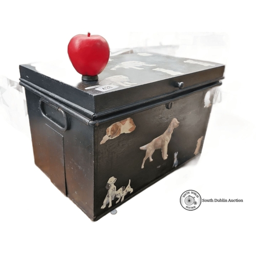 428 - A charming antique Black deed box with dog decoupage, a hinged lid, and side handles. Dimensions: 40... 