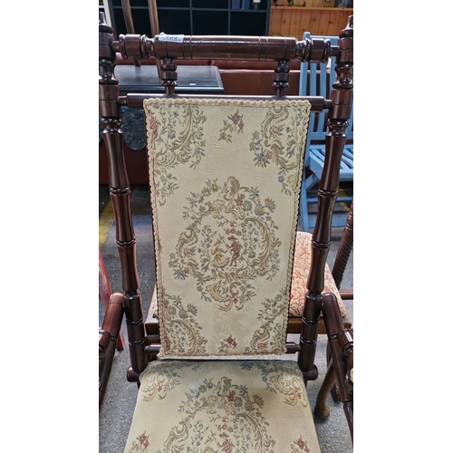 439 - An American antique mahogany rocking chair featuring beautiful tapestry upholstery and braiding with... 