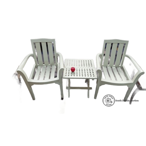 440 - A set of two pastel green wooden garden chairs and matching folding table. Each chair measures 90cm ... 