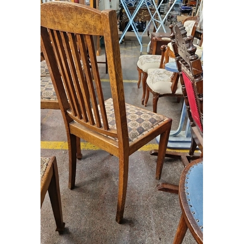 442 - Five wonderful Arts and Crafts oak dining chairs with decorative patterned upholstery and braiding. ... 