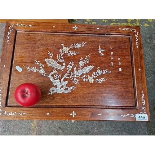 446 - A charming vintage Chinese rose wood side table with mother-of-pearl floral inlay, featuring Asian m... 