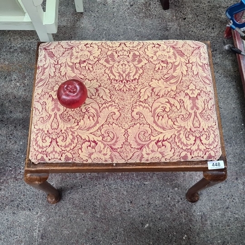 448 - A vintage wooden stool with red damask upholstery and cabriole legs. Approximately 45cm high, 50cm w... 