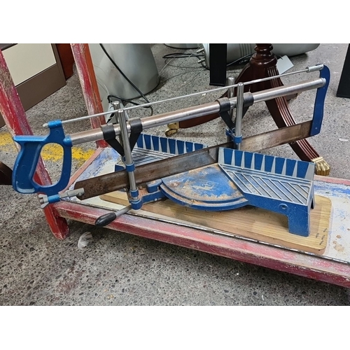 449 - Vintage wooden stick stand with mitre saw guide, approximately 85 cm wide, 35 cm deep, and 70 cm hig... 