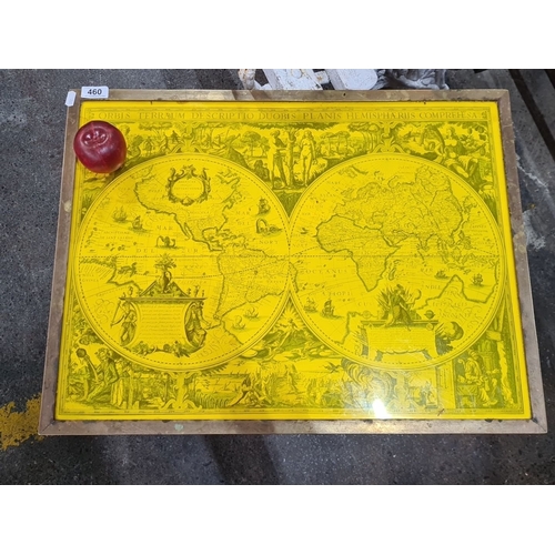 460 - A wooden table with vintage world map design on yellow laminated top. Approximately 18 inches high, ... 