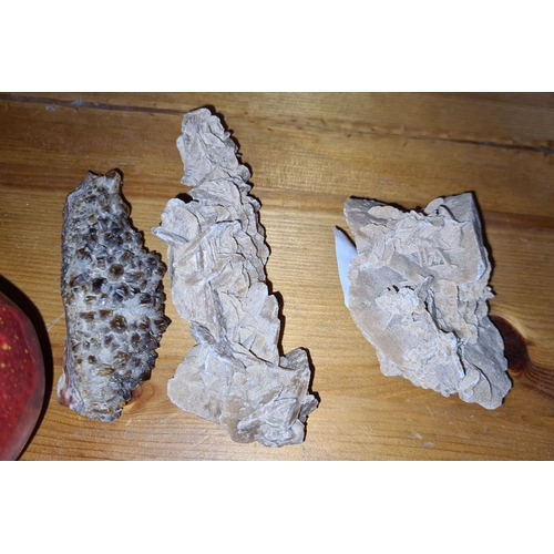 475 - Three items comprising of a desert rose crystal, a small sand rose and a quartz cluster.