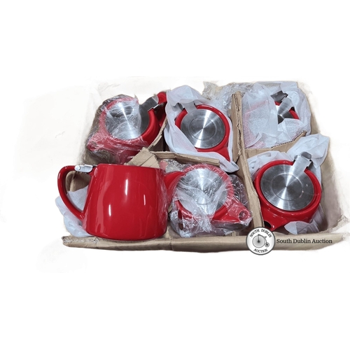 483 - Set of Six FORLIFE candy red ceramic teapots with stainless steel lids and infusers, boasting a slee... 