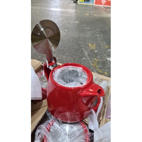 483 - Set of Six FORLIFE candy red ceramic teapots with stainless steel lids and infusers, boasting a slee... 