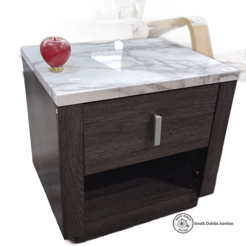 494 - A stylish side table with a marble effect top and dark wood finish, featuring a single pull-out draw... 