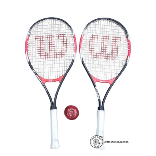 495 - Two adult Wilson Fusion XL tennis rackets with grip tape, featuring classic red and black design. RR... 