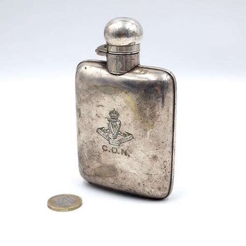 27 - A nice example of a silver plated hip flask with hinged lid with inscription 'The Royal Irish Regime... 