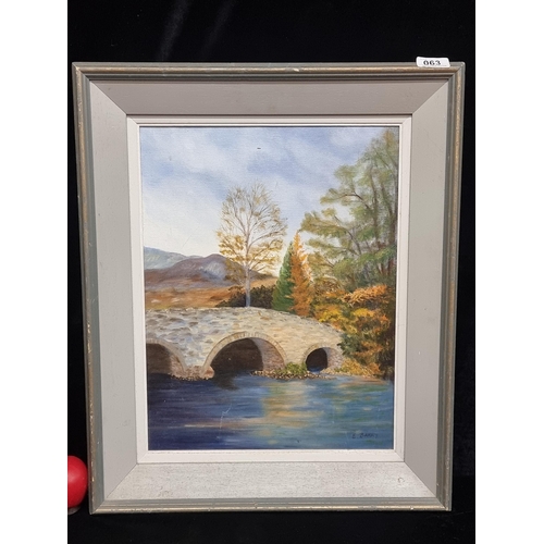 63 - A sweet original oil on canvas painting. Features a landscape with autumnal trees, blue lilac mounta... 