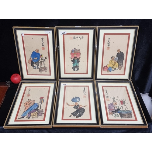 83 - Star Lot : Fabulous six charming and colourful vintage Chinese ink paintings. Each depicting whimsic... 