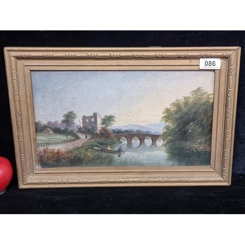 86 - An original 19th century antique oil on canvas painting. Features a Victorian River scene with bridg... 