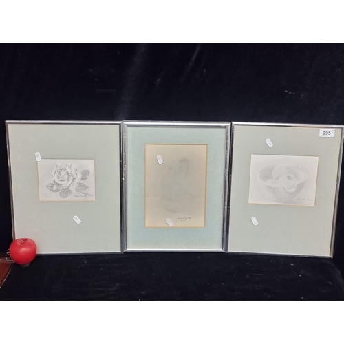 95 - A set of three well observed pencil on paper drawing / painting. Features still life studies of appl... 