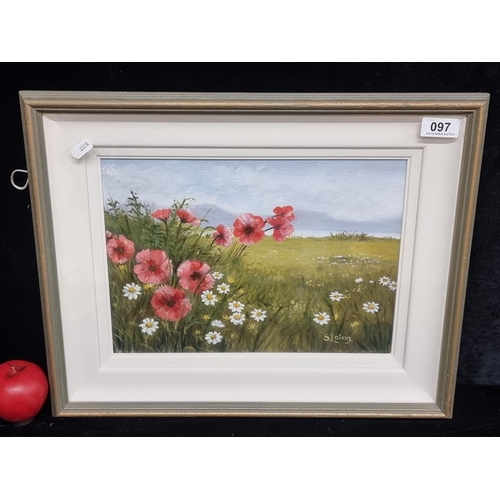 97 - A charming original oil on board painting featuring a meadow landscape with poppies and daisies. Sig... 