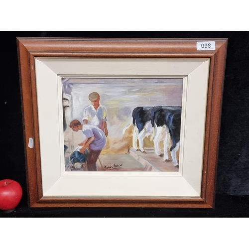 98 - A fantastic original oil on board painting featuring a farming milking parlour scene. Signed 'Sheila... 