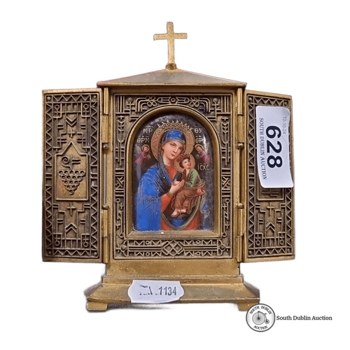 628 - A stunning solid brass antique travelling icon featuring Madonna and Child, with intricate carvings ... 