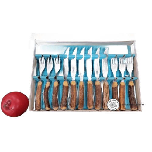 635 - 12-piece stag handle carving set, Brucut Superior Quality, stainless steel, Sheffield, England.