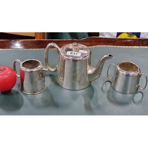 637 - EPNS silver-plated hotelware  tea set, comprising teapot, creamer, and sugar bowl. Made in Sheffield... 