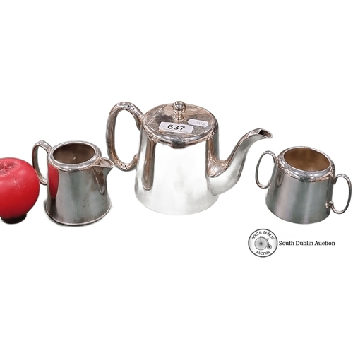 637 - EPNS silver-plated hotelware  tea set, comprising teapot, creamer, and sugar bowl. Made in Sheffield... 