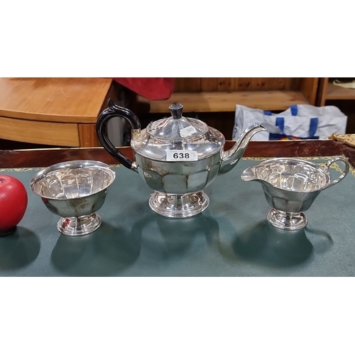 638 - Sheffield silver-plated tea set, including teapot, sugar bowl, and creamer. Approximately six-cup ca... 