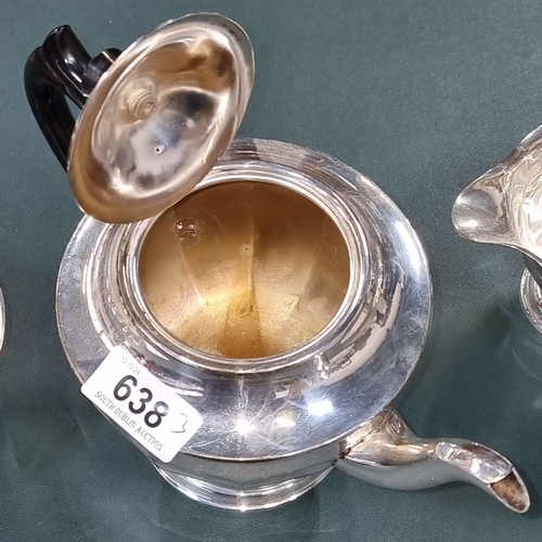 638 - Sheffield silver-plated tea set, including teapot, sugar bowl, and creamer. Approximately six-cup ca... 