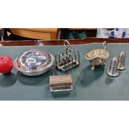 639 - Set of Mappin & Webb silver plate tableware, including butter dish, toast rack, sauce boat, salt and... 