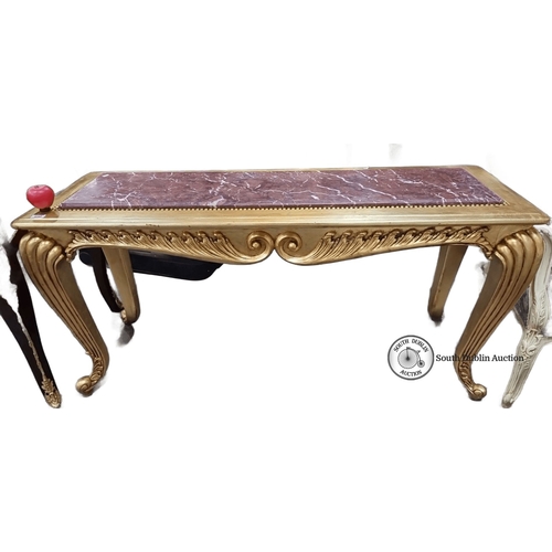 650 - Star Lot : A beautifully Gilded console table with a red cold Italian marble top featuring ornate sc... 