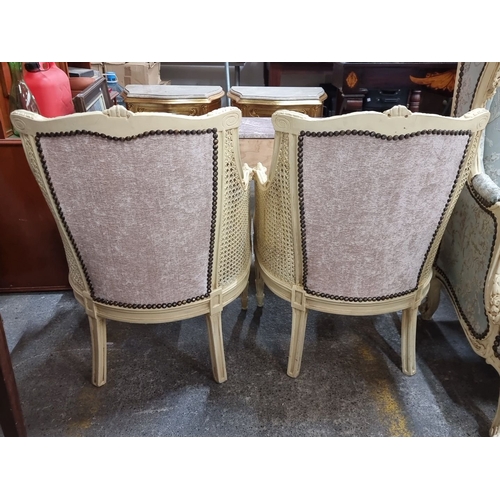 653 - Super Star Lot : A fabulous Pair of French-style caned Salon chairs with upholstered backs and seats... 