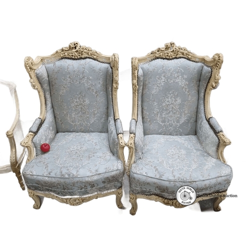 654 - Super Star Lot : Pair of fine  Louis XV-style armchairs with ornate carved frames and pale blue flor... 