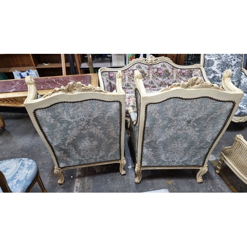 654 - Super Star Lot : Pair of fine  Louis XV-style armchairs with ornate carved frames and pale blue flor... 