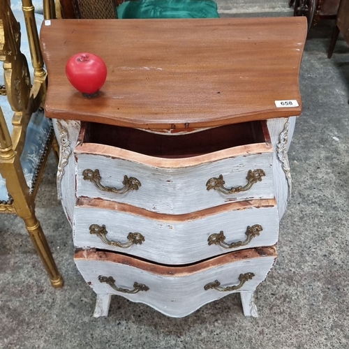 658 - Star Lot : French Provincial-style three-drawer chest with distressed white finish and ornate brass ... 