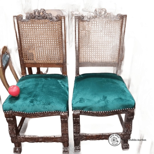 659 - Star Lot : Pair of British Regency-style carved  chairs with caned backs and green upholstered seats... 