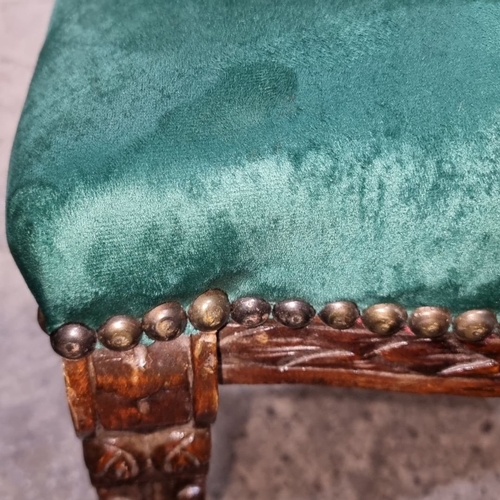 659 - Star Lot : Pair of British Regency-style carved  chairs with caned backs and green upholstered seats... 