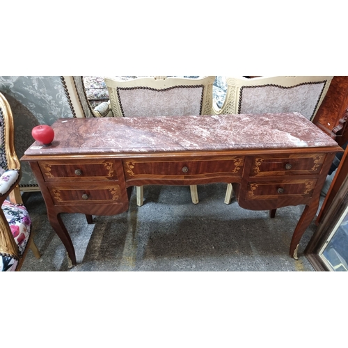 664 - Star Lot : Antique cold Itialian marble-topped console table with ornate wood inlay, featuring five ... 