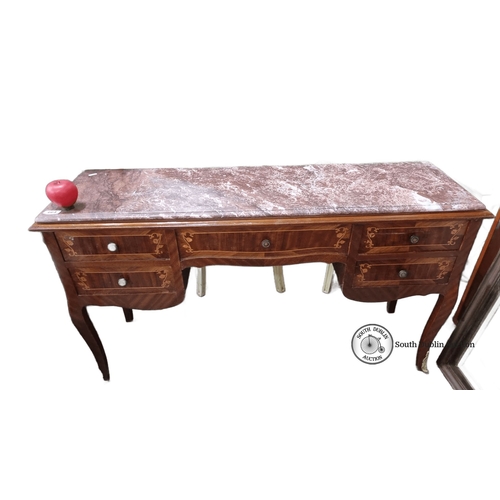 664 - Star Lot : Antique cold Itialian marble-topped console table with ornate wood inlay, featuring five ... 