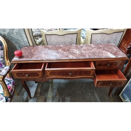 664 - Star Lot : Antique cold Itialian marble-topped console table with ornate wood inlay, featuring five ... 