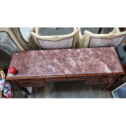 664 - Star Lot : Antique cold Itialian marble-topped console table with ornate wood inlay, featuring five ... 