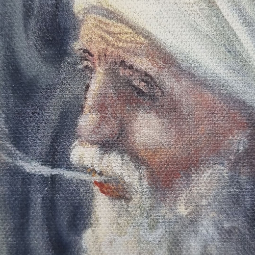 665 - Star Lot: An original oil on board painting. Features a seated elderly Indian figure with a turban. ... 