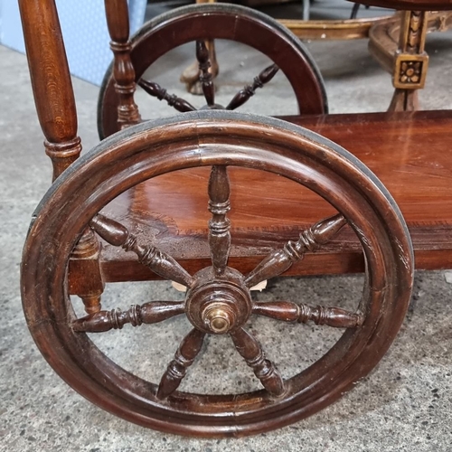 668 - Star lot Antique style mahogany inlaid trolley with ornamental wheels and drop-leaf sides. Approxima... 