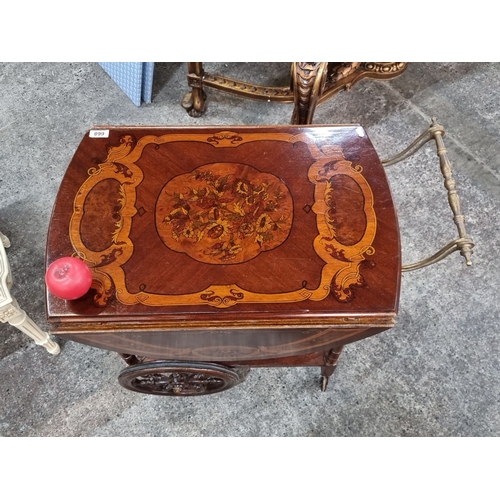 668 - Star lot Antique style mahogany inlaid trolley with ornamental wheels and drop-leaf sides. Approxima... 