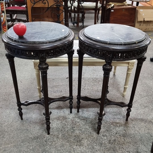 669 - Star lot : Pair of Edwardian-style cold Italian marble-top tables, intricately carved dark wood. App... 