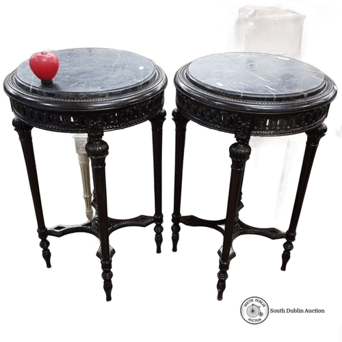 669 - Star lot : Pair of Edwardian-style cold Italian marble-top tables, intricately carved dark wood. App... 