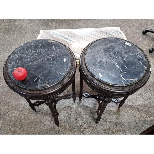 669 - Star lot : Pair of Edwardian-style cold Italian marble-top tables, intricately carved dark wood. App... 